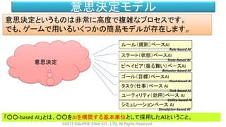 意思決定モデル
©2017 SQUARE ENIX CO., LTD. All Rights Reserved.
ステート（状態）ベースAI
ゴール（目標）ベースAI
ルール（規則）ベースAI
ビヘイビア（振る舞い）ベースAI
意思決定というものは非常に高度で複雑なプロセスです。
でも、ゲームで用いるいくつかの簡易モデルが存在します。
シミュレーションベース AI
ユーティリティ（効用）ベース AI
Rule-based AI
State-based AI
Behavior-based AI
Goal-based AI
Utility-based AI
「○○-based AI」とは、○○をAIを構築する基本単位として採用したＡＩということ。
タスク（仕事）ベース AI
Task-based AI
意思決定
Simulation-based AI
 