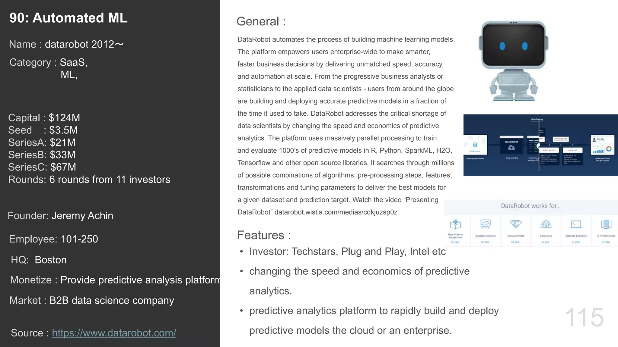 115
DataRobot automates the process of building machine learning models.
The platform empowers users enterprise-wide to make smarter,
faster business decisions by delivering unmatched speed, accuracy,
and automation at scale. From the progressive business analysts or
statisticians to the applied data scientists - users from around the globe
are building and deploying accurate predictive models in a fraction of
the time it used to take. DataRobot addresses the critical shortage of
data scientists by changing the speed and economics of predictive
analytics. The platform uses massively parallel processing to train
and evaluate 1000’s of predictive models in R, Python, SparkML, H2O,
Tensorflow and other open source libraries. It searches through millions
of possible combinations of algorithms, pre-processing steps, features,
transformations and tuning parameters to deliver the best models for
a given dataset and prediction target. Watch the video “Presenting
DataRobot” datarobot.wistia.com/medias/cqkjuzsp0z
General :90: Automated ML
Category : SaaS,
ML,
Capital : $124M
Seed : $3.5M
SeriesA: $21M
SeriesB: $33M
SeriesC: $67M
Rounds: 6 rounds from 11 investors
Monetize : Provide predictive analysis platform
Founder: Jeremy Achin
Name : datarobot 2012〜
HQ: Boston
Employee: 101-250
Source : https://www.datarobot.com/
Features :
• Investor: Techstars, Plug and Play, Intel etc
• changing the speed and economics of predictive
analytics.
• predictive analytics platform to rapidly build and deploy
predictive models the cloud or an enterprise.
Market : B2B data science company
 