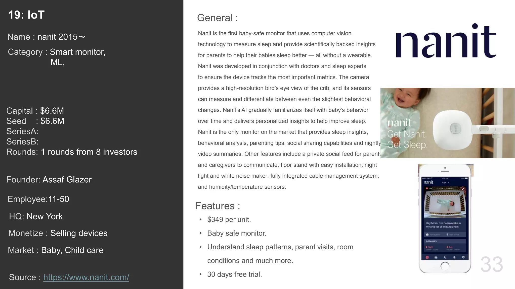 33
Nanit is the first baby-safe monitor that uses computer vision
technology to measure sleep and provide scientifically backed insights
for parents to help their babies sleep better — all without a wearable.
Nanit was developed in conjunction with doctors and sleep experts
to ensure the device tracks the most important metrics. The camera
provides a high-resolution bird’s eye view of the crib, and its sensors
can measure and differentiate between even the slightest behavioral
changes. Nanit’s AI gradually familiarizes itself with baby’s behavior
over time and delivers personalized insights to help improve sleep.
Nanit is the only monitor on the market that provides sleep insights,
behavioral analysis, parenting tips, social sharing capabilities and nightly
video summaries. Other features include a private social feed for parents
and caregivers to communicate; floor stand with easy installation; night
light and white noise maker; fully integrated cable management system;
and humidity/temperature sensors.
General :19: IoT
Category : Smart monitor,
ML,
Capital : $6.6M
Seed : $6.6M
SeriesA:
SeriesB:
Rounds: 1 rounds from 8 investors
Monetize : Selling devices
Founder: Assaf Glazer
Name : nanit 2015〜
HQ: New York
Employee:11-50
Source : https://www.nanit.com/
Features :
• $349 per unit.
• Baby safe monitor.
• Understand sleep patterns, parent visits, room
conditions and much more.
• 30 days free trial.
Market : Baby, Child care
 