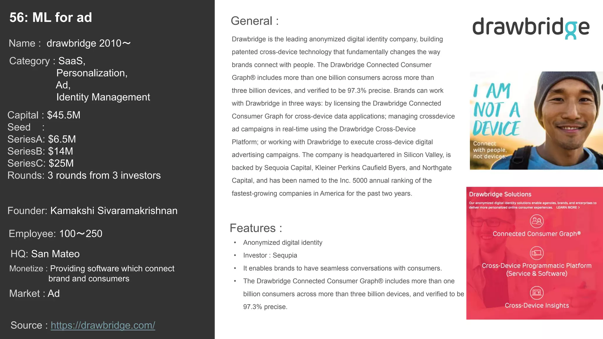 75
Drawbridge is the leading anonymized digital identity company, building
patented cross-device technology that fundamentally changes the way
brands connect with people. The Drawbridge Connected Consumer
Graph® includes more than one billion consumers across more than
three billion devices, and verified to be 97.3% precise. Brands can work
with Drawbridge in three ways: by licensing the Drawbridge Connected
Consumer Graph for cross-device data applications; managing crossdevice
ad campaigns in real-time using the Drawbridge Cross-Device
Platform; or working with Drawbridge to execute cross-device digital
advertising campaigns. The company is headquartered in Silicon Valley, is
backed by Sequoia Capital, Kleiner Perkins Caufield Byers, and Northgate
Capital, and has been named to the Inc. 5000 annual ranking of the
fastest-growing companies in America for the past two years.
General :56: ML for ad
Category : SaaS,
Personalization,
Ad,
Identity Management
Capital : $45.5M
Seed :
SeriesA: $6.5M
SeriesB: $14M
SeriesC: $25M
Rounds: 3 rounds from 3 investors
Monetize : Providing software which connect
brand and consumers
Founder: Kamakshi Sivaramakrishnan
Name : drawbridge 2010〜
HQ: San Mateo
Employee: 100〜250
Source : https://drawbridge.com/
Features :
• Anonymized digital identity
• Investor : Sequpia
• It enables brands to have seamless conversations with consumers.
• The Drawbridge Connected Consumer Graph® includes more than one
billion consumers across more than three billion devices, and verified to be
97.3% precise.
Market : Ad
 