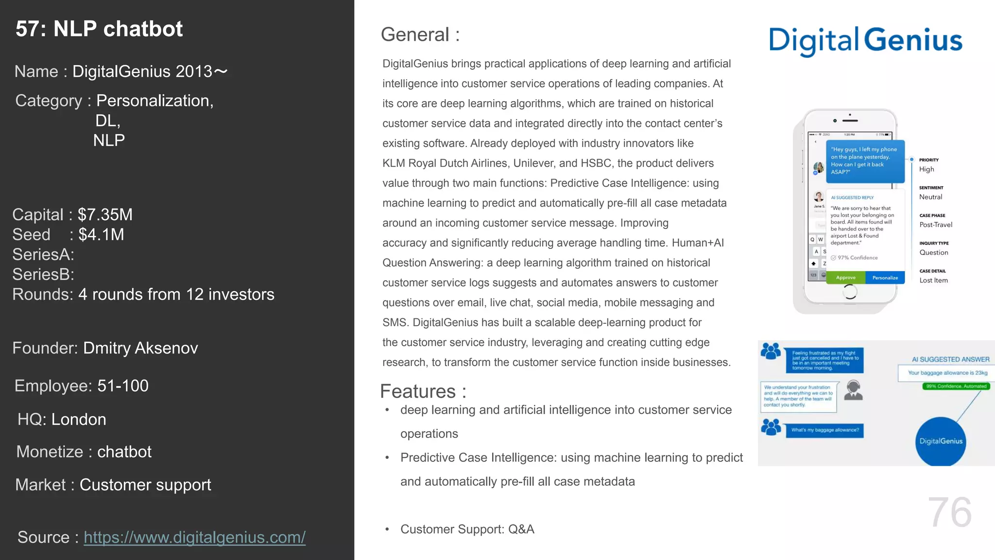 76
DigitalGenius brings practical applications of deep learning and artificial
intelligence into customer service operations of leading companies. At
its core are deep learning algorithms, which are trained on historical
customer service data and integrated directly into the contact center’s
existing software. Already deployed with industry innovators like
KLM Royal Dutch Airlines, Unilever, and HSBC, the product delivers
value through two main functions: Predictive Case Intelligence: using
machine learning to predict and automatically pre-fill all case metadata
around an incoming customer service message. Improving
accuracy and significantly reducing average handling time. Human+AI
Question Answering: a deep learning algorithm trained on historical
customer service logs suggests and automates answers to customer
questions over email, live chat, social media, mobile messaging and
SMS. DigitalGenius has built a scalable deep-learning product for
the customer service industry, leveraging and creating cutting edge
research, to transform the customer service function inside businesses.
General :57: NLP chatbot
Category : Personalization,
DL,
NLP
Capital : $7.35M
Seed : $4.1M
SeriesA:
SeriesB:
Rounds: 4 rounds from 12 investors
Monetize : chatbot
Founder: Dmitry Aksenov
Name : DigitalGenius 2013〜
HQ: London
Employee: 51-100
Source : https://www.digitalgenius.com/
Features :
• deep learning and artificial intelligence into customer service
operations
• Predictive Case Intelligence: using machine learning to predict
and automatically pre-fill all case metadata
• Customer Support: Q&A
Market : Customer support
 