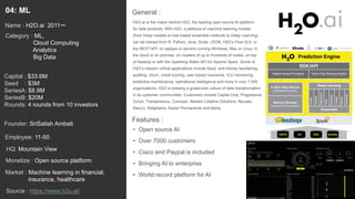 16
H2O.ai is the maker behind H2O, the leading open source AI platform
for data products. With H2O, a plethora of machine learning models
(from linear models to tree-based ensemble methods to Deep Learning)
can be trained from R, Python, Java, Scala, JSON, H2O’s Flow GUI, or
the REST API, on laptops or servers running Windows, Mac or Linux, in
the cloud or on premise, on clusters of up to hundreds of nodes, on top
of Hadoop or with the Sparkling Water API for Apache Spark. Some of
H2O’s mission critical applications include fraud, anti-money laundering,
auditing, churn, credit scoring, user based insurance, ICU monitoring,
predictive maintenance, operational intelligence and more in over 7,000
organizations. H2O is brewing a grassroots culture of data transformation
in its customer communities. Customers include Capital One, Progressive,
Zurich, Transamerica, Comcast, Nielsen Catalina Solutions, Neustar,
Macy’s, Walgreens, Kaiser Permanente and Aetna.
General :04: ML
Category : ML,
Cloud Computing
Analytics
Big Data
Capital : $33.6M
Seed : $3M
SeriesA: $8.9M
SeriesB: $20M
Rounds: 4 rounds from 10 investors
Monetize : Open source platform
Founder: SriSatish Ambati
Name : H2O.ai 2011〜
HQ: Mountain View
Employee: 11-50
Source : https://www.h2o.ai/
Features :
• Open source AI
• Over 7000 customers
• Cisco and Paypal is included
• Bringing AI to enterprise
• World record platform for AIMarket : Machine learning in financial,
insurance, healthcare
 