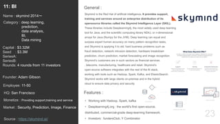 23
Skymind is the Red Hat of artificial intelligence. It provides support,
training and services around an enterprise distribution of its
opensource libraries called the Skymind Intelligence Layer (SKIL).
These libraries include Deeplearning4j, the most widely used deep learning
tool for Java; and the scientific computing library ND4J, or n-dimensional
arrays for Java (Numpy for the JVM). Deep learning can equal and
surpass expert human accuracy on many pattern recognition tasks,
and Skymind is applying it to old, hard business problems such as
fraud detection, network intrusion detection, hardware breakdown
prediction, churn prediction, market forecasting and image recognition.
Skymind’s customers are in such sectors as financial services
, telecoms, manufacturing, healthcare and retail. Skymind’s
open-source software integrates with the rest of the AI stack,
working with tools such as Hadoop, Spark, Kafka, and ElasticSearch.
Skymind works with large clients on-premise and in the hybrid
cloud to ensure data privacy and security
General :11: BI
Category : deep learning,
prediction,
data analysis,
BI,
Data mining
Capital : $3.32M
Seed : $3.3M
SeriesA:
SeriesB:
Rounds: 4 rounds from 11 investors
Monetize : Providing support,training and service
Founder: Adam Gibson
Name : skymind 2014〜
HQ: San Francisco
Employee: 11-50
Source : https://skymind.ai/
Features :
• Working with Hadoop, Spark, kafka
• Deeplearning4j.org : the world's first open-source,
distributed, commercial-grade deep-learning framework.
• Investors : fundersClub, Y Combinator
Market : Security, Prediction, Image, Finance
 