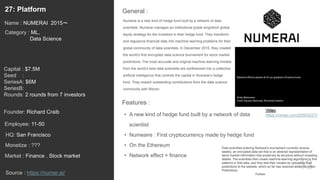 43
Numerai is a new kind of hedge fund built by a network of data
scientists. Numerai manages an institutional grade long/short global
equity strategy for the investors in their hedge fund. They transform
and regularize financial data into machine learning problems for their
global community of data scientists. In December 2015, they created
the world’s first encrypted data science tournament for stock market
predictions. The most accurate and original machine learning models
from the world’s best data scientists are synthesized into a collective
artificial intelligence that controls the capital in Numerai’s hedge
fund. They reward outstanding contributions from the data science
community with Bitcoin.
General :27: Platform
Category : ML,
Data Science
Capital : $7.5M
Seed :
SeriesA: $6M
SeriesB:
Rounds: 2 rounds from 7 investors
Monetize : ???
Founder: Richard Craib
Name : NUMERAI 2015〜
HQ: San Francisco
Employee: 11-50
Source : https://numer.ai/
Features :
• A new kind of hedge fund built by a network of data
scientist
• Numeaire : First cryptocurrency made by hedge fund
• On the Ethereum
• Network effect × financeMarket : Finance , Stock market
Data scientists entering Numerai’s tournament currently receive,
weekly, an encrypted data set that is an abstract representation of
stock market information that preserves its structure without revealing
details. The scientists then create machine-learning algorithms to find
patterns in that data, and they test their models by uploading their
predictions to the website, which so far has received about 40 billion
Predictions.
Forbes
https://vimeo.com/205032211
 