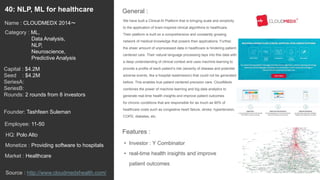 58
We have built a Clinical AI Platform that is bringing scale and simplicity
to the application of brain-inspired clinical algorithms to healthcare.
Their platform is built on a comprehensive and constantly growing
network of medical knowledge that powers their applications. Further,
the sheer amount of unprocessed data in healthcare is hindering patient
centered care. Their natural language processing taps into this data with
a deep understanding of clinical context and uses machine learning to
provide a profile of each patient’s risk (severity of disease and potential
adverse events, like a hospital readmission) that could not be generated
before. This enables true patient centered precision care. CloudMedx
combines the power of machine learning and big data analytics to
generate real-time health insights and improve patient outcomes
for chronic conditions that are responsible for as much as 90% of
healthcare costs such as congestive heart failure, stroke, hypertension,
COPD, diabetes, etc.
General :40: NLP, ML for healthcare
Category : ML,
Data Analysis,
NLP,
Neuroscience,
Predictive Analysis
Capital : $4.2M
Seed : $4.2M
SeriesA:
SeriesB:
Rounds: 2 rounds from 8 investors
Monetize : Providing software to hospitals
Founder: Tashfeen Suleman
Name : CLOUDMEDX 2014〜
HQ: Polo Alto
Employee: 11-50
Source : http://www.cloudmedxhealth.com/
Features :
• Investor : Y Combinator
• real-time health insights and improve
patient outcomes
Market : Healthcare
 