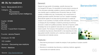 66
Despite the huge growth of knowledge, scientific discovery has
not changed for 50 years. It’s impossible for humans alone to process all
of the information potentially available to advance scientific research - a
new scientific paper is published every 30 seconds, there are 10,000
updates to PubMed every day. Consequently, only a small fraction of
globally generated scientific information can form ‘useable’ knowledge.
BenevolentAI applies AI and deep learning techniques to enable the
analysis of vast quantities of complex scientific information. The Company
is changing the way knowledge is created by producing an enormous
structured, curated and qualified proprietary ‘data lake’ of dynamic usable
knowledge that can be applied for real world use in conjunction with
human experts. The Company’s first application of AI was in bioscience
to accelerate drug discovery. BenevolentAI is now expanding into other
large global scientific industries such a veterinary medicine, aggrotech,
nutraceuticals and materials science.
General :48: DL for madicine
Category : DL,
Neuroscience,
Augmented human intelligence,
Capital : $100M
Seed :
SeriesA:
SeriesB:
Rounds: 1 round from 4 investors
Monetize : Discovering new medicine
Founder: Jerome Pesenti
Name : BenevolentAI 2013〜
HQ: London
Employee: 51-100
Source : http://benevolent.ai/
Features :
• Deep learning techniques to enable the analysis of vast quantities of complex scientific
information.
• Bioscience to accelerate drug discovery, a veterinary medicine, aggrotech,
nutraceuticals and materials science.
Market : Medicine
 