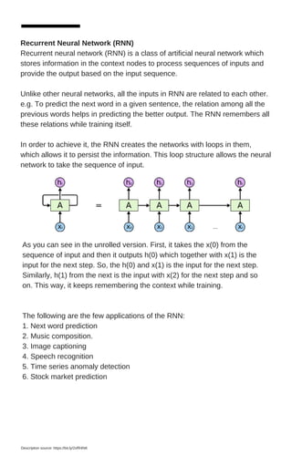 Recurrent Neural Network (RNN)
Recurrent neural network (RNN) is a class of artificial neural network which
stores informa...