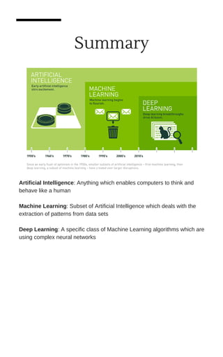 Summary
Artificial Intelligence: Anything which enables computers to think and
behave like a human
Machine Learning: Subset of Artificial Intelligence which deals with the
extraction of patterns from data sets
Deep Learning: A specific class of Machine Learning algorithms which are
using complex neural networks
 
