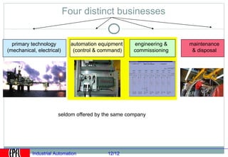 Four distinct businesses


  primary technology         automation equipment   engineering &   maintenance
(mechanical, electrical)      (control & command)   commissioning    & disposal




                       seldom offered by the same company




           Industrial Automation           12/12
 