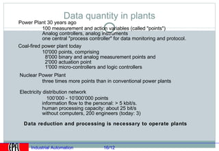 Data quantity in plants
Power Plant 30 years ago
           100 measurement and action variables (called "points")
           Analog controllers, analog instruments
           one central "process controller" for data monitoring and protocol.
Coal-fired power plant today
           10'000 points, comprising
            8'000 binary and analog measurement points and
            2'000 actuation point
            1'000 micro-controllers and logic controllers
Nuclear Power Plant
         three times more points than in conventional power plants

Electricity distribution network
              100’000 - 10’000’000 points
            information flow to the personal: > 5 kbit/s.
            human processing capacity: about 25 bit/s
            without computers, 200 engineers (today: 3)

  Data reduction and processing is necessary to operate plants



     Industrial Automation             16/12
 