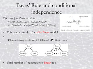 Bayes' Rule and conditional
independence
P(Cavity | toothache  catch)
= αP(toothache  catch | Cavity) P(Cavity)
= αP(toothache | Cavity) P(catch | Cavity) P(Cavity)
• This is an example of a naïve Bayes model:
•
P(Cause,Effect1, … ,Effectn) = P(Cause) πiP(Effecti|Cause)
• Total number of parameters is linear in n.
 