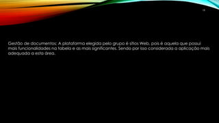 18 
Gestão de documentos: A plataforma elegida pelo grupo é sítios Web, pois é aquela que possui 
mais funcionalidades na tabela e as mais significantes. Sendo por isso considerada a aplicação mais 
adequada a esta área. 
 