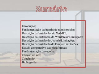 Introdução;
Fundamentação da instalação num servidor;
Descrição da Instalação do XAMPP;
Descrição da Instalação do Wordpress/Limitações;
Descrição da Instalação Joomla/Limitações;
Descrição da Instalação do Drupal/Limitações;
Estudo comparativo das plataformas;
Fundamentação da escolha;
Criação do site;
Conclusão;
Bibliografia.
 