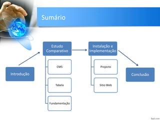 Sumário
Estudo
Comparativo
CMS
Tabela
Fundamentação
Introdução Conclusão
Instalação e
Implementação
Projecto
Sitio Web
 