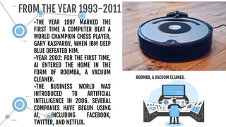 •THE YEAR 1997 MARKED THE
FIRST TIME A COMPUTER BEAT A
WORLD CHAMPION CHESS PLAYER,
GARY KASPAROV, WHEN IBM DEEP
BLUE DEFEATED HIM.
•YEAR 2002: FOR THE FIRST TIME,
AI ENTERED THE HOME IN THE
FORM OF ROOMBA, A VACUUM
CLEANER.
•THE BUSINESS WORLD WAS
INTRODUCED TO ARTIFICIAL
INTELLIGENCE IN 2006. SEVERAL
COMPANIES HAVE BEGUN USING
AI, INCLUDING FACEBOOK,
TWITTER, AND NETFLIX.
FROM THE YEAR 1993-2011
ROOMBA, A VACUUM CLEANER.
 