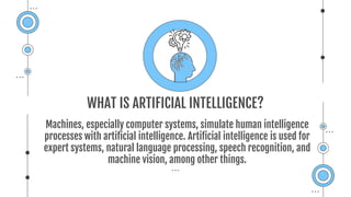 WHAT IS ARTIFICIAL INTELLIGENCE?
Machines, especially computer systems, simulate human intelligence
processes with artificial intelligence. Artificial intelligence is used for
expert systems, natural language processing, speech recognition, and
machine vision, among other things.
 