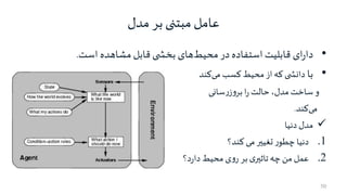 ‫مدل‬ ‫بر‬ ‫مبتنی‬ ‫عامل‬
50
•‫ای‬‫ر‬‫دا‬‫قابلیت‬‫استفاده‬‫در‬‫محیط‬‫های‬‫ی‬ ‫بخش‬‫قابل‬‫مشاهده‬‫است‬.
•‫با‬‫ی‬ ‫دانش‬‫که‬‫از‬‫محیط‬‫کسب‬‫می‬‫کند‬
‫و‬‫ساخت‬،‫مدل‬‫حالت‬‫ا‬‫ر‬‫سانی‬‫ر‬‫ز‬‫و‬‫بر‬
‫می‬‫کند‬.
‫مدل‬‫دنیا‬
.1‫دنیا‬‫ر‬‫چطو‬‫تغییر‬‫می‬‫کند؟‬
.2‫عمل‬‫من‬‫چه‬‫ی‬‫تاثیر‬‫بر‬‫ی‬‫و‬‫ر‬‫محیط‬‫د؟‬‫ر‬‫دا‬
 