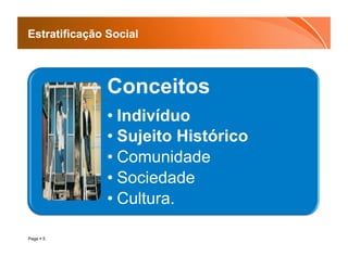 Estratificação Social



               Conceitos
               •  Indivíduo
               •  Sujeito Histórico
               •  Comunidade
               •  Sociedade
               •  Cultura.

Page  5
 