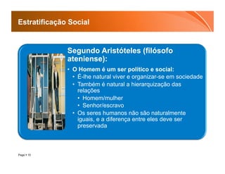 Estratificação Social


              Segundo Aristóteles (filósofo
              ateniense):
              •  O Homem é um ser político e social:
                 •  É-lhe natural viver e organizar-se em sociedade
                 •  Também é natural a hierarquização das
                    relações
                    •  Homem/mulher
                    •  Senhor/escravo
                 •  Os seres humanos não são naturalmente
                    iguais, e a diferença entre eles deve ser
                    preservada



Page  10
 