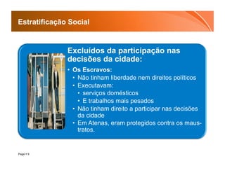 Estratificação Social


              Excluídos da participação nas
              decisões da cidade:
              •  Os Escravos:
                 •  Não tinham liberdade nem direitos políticos
                 •  Executavam:
                    •  serviços domésticos
                    •  E trabalhos mais pesados
                 •  Não tinham direito a participar nas decisões
                    da cidade
                 •  Em Atenas, eram protegidos contra os maus-
                    tratos.


Page  9
 