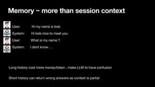 Memory ~ more than session context
• User: Hi my name is bob
• System: Hi bob nice to meet you
• User: What is my name ?
• System: I dont know …
Long history cost more money/token , make LLM to have confusion
Short history can return wrong answers as context is partial
 