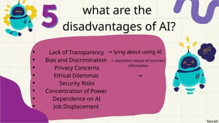 Classification: Restricted
what are the
disadvantages of AI?
Lack of Transparency
Bias and Discrimination
Privacy Concerns
Ethical Dilemmas
Security Risks
Concentration of Power
Dependence on AI
Job Displacement
Norah
→ lying about using AI
→ assumtion based of incorrect
information
→
 