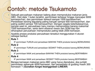 Contoh: metode Tsukamoto
 Sebuah perusahaan makanan kaleng akan memproduksi makanan jenis
ABC. Dari data 1 bulan terakhir, permintaan terbesar hingga mencapai 5000
kemasan/hari, dan permintaan terkecil sampai 1000 kemasan/hari.
Persediaan barang digudang paling banyak sampai 600 kemasan/hari, dan
paling sedikit sampai 100 kemasan/hari. Dengan segala keterbatasannya,
sampai saat ini, perusahaan baru mampu memproduksi barang maksimal
7000 kemasan/hari, serta demi efisiensi mesin dan SDM tiap hari
diharapkan perusahaan memproduksi paling tidak 2000 kemasan.
 Apabila proses produksi perusahaan tersebut menggunakan 4 aturan
sebagai berikut:
 Rule 1
◦ IF permintaan TURUN and persediaan BANYAK THEN produksi barang BERKURANG
 Rule 2
◦ IF permintaan TURUN and persediaan SEDIKIT THEN produksi barang BERKURANG
 Rule 3
◦ IF permintaan NAIK and persediaan BANYAK THEN produksi barang BERTAMBAH
 Rule 4
◦ IF permintaan NAIK and persediaan SEDIKIT THEN produksi barang BERTAMBAH
 Berapa kemasan makanan jenis ABC yang harus diproduksi, jika jumlah
permintaan sebanyak 4000 kemasan, dan persediaan di gudang masih 300
kemasan ? (Gunakan fungsi keanggotaan LINEAR)
19
 