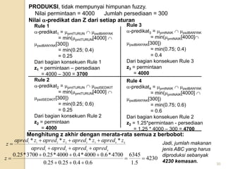 30
PRODUKSI, tidak mempunyai himpunan fuzzy.
Nilai permintaan = 4000 Jumlah persediaan = 300
Nilai -predikat dan Z dari setiap aturan
Rule 1
-predikat1 = pmtTURUN  psdBANYAK
= min(pmtTURUN[4000] 
psdBANYAK[300])
= min(0.25; 0.4)
= 0.25
Dari bagian konsekuen Rule 1
z1 = permintaan – persediaan
= 4000 – 300 = 3700
Rule 2
-predikat2 = pmtTURUN  psdSEDIKIT
= min(pmtTURUN[4000] 
psdSEDIKIT[300])
= min(0.25; 0.6)
= 0.25
Dari bagian konsekuen Rule 2
z2 = permintaan
= 4000
Rule 3
-predikat3 = pmtNAIK  psdBANYAK
= min(pmtNAIK[4000]
psdBANYAK[300])
= min(0.75; 0.4)
= 0.4
Dari bagian konsekuen Rule 3
z3 = permintaan
= 4000
Rule 4
-predikat4 = pmtNAIK  psdBANYAK
= min(pmtNAIK[4000] 
psdBANYAK[300])
= min(0.75; 0.6)
= 0.6
Dari bagian konsekuen Rule 2
z2 = 1.25*permintaan - persediaan
= 1.25 * 4000 – 300 = 4700
Menghitung z akhir dengan merata-rata semua z berbobot:
4
3
2
1
4
4
3
3
2
2
1
1
*
*
*
*
pred
pred
pred
pred
z
pred
z
pred
z
pred
z
pred
z















4230
5
.
1
6345
6
.
0
4
.
0
25
.
0
25
.
0
4700
*
6
.
0
4000
*
4
.
0
4000
*
25
.
0
3700
*
25
.
0









z
Jadi, jumlah makanan
jenis ABC yang harus
diproduksi sebanyak
4230 kemasan.
 