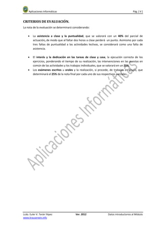 Aplicaciones Informáticas                                                            Pág. [ V ]


CRITERIOS DE EVALUACIÓN.
La nota de la evaluación se determinará considerando:

    •   La asistencia a clase y la puntualidad, que se valorará con un 40% del parcial de
        actuación, de modo que al faltar dos horas a clase perderá un punto. Asimismo por cada
        tres faltas de puntualidad a las actividades lectivas, se considerará como una falta de
        asistencia.

    •   El interés y la dedicación en las tareas de clase y casa, la ejecución correcta de los
        ejercicios, ponderando el tiempo de su realización, las intervenciones en las puestas en
        común de las actividades y los trabajos individuales, que se valorará en un 25%.
    •   Los exámenes escritos u orales y la realización, si procede, de trabajos en grupo, que
        determinará el 25% de la nota final por cada uno de sus respectivos parciales.




Lcdo. Euler V. Terán Yépez                Ver. 2012                 Datos introductorios al Módulo
www.krauserwin.info
 