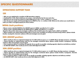 1. Driving LC expansions throughout AP is a key strategy to ensure oGCDP growth in 1415. What business model is needed to
ensure that the expansion initiatives are sustainable and bring results in both the short and long term?
2. What are the current bottlenecks that T3 and T4 entities are facing in iGCDP and oGCDP and how can you, as OST, drive
growth in both programmes? Please provide a timeline, touchpoints, channels and KPIs
3. Scaling up the number of IXP experiences in the region is a key strategy in GCDP. Design an AP campaign to boost IXP in the
region, whist driving growth in T1, T2, T3 and T4 entities?
4. What are three strategies that will increase the match rate of AP's GCDP EPs?
1. Give a detailed analysis of the current state of iGCDP and oGCDP across all tiers in Africa.
2. What strategies would you propose to ensure clarity of why, sustainability and quality delivery of GCDP within the region.
(Outline major strategies and expected outcome)
3. How would you ensure proper implementation of these strategies in the region? (Outline Goal, Target, channels, message
across T3&T4)
4. What do you understand by Africa in Me? What evolution would you propose to this initiative to ensure Africa contributes
significantly to 2015 MoS? If it should be scrapped also outline why?
SPECIFIC QUESTIONNAIRE
OPERATIONS SUPPORT TEAM
AP
AFRICA
 