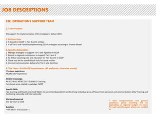 CEE: OPERATIONS SUPPORT TEAM
1. Team Purpose
We support the implementation of AI strategies to deliver 2015.
2. Bottom-lines
1. % Growth in GCDP in Tier 3 and 4 entities
2. % of Tier 3 and 4 entities implementing GCDP strategies according to Growth Model
3. Specific deliverables
1. Manage strategies to support Tier 3 and 4 growth in GCDP
2. Attend to regional conferences to support Tier 3 and 4
3. To deliver coaching calls and education for Tier 3 and 4 in GCDP
4. There may be the possibility of visits for some entities
5. Internal Communication delivery for Tier 3 and 4 entities
4. The Team – Profiles & Requirements (All preferred, otherwise stated)
Previous experience
MCVP/ MCP experience
AIESEC Knowledge
AIESEC Way/ AIESEC 2015 / BHAG / Coaching
Functional areas related knowledge: GCDP
Specific Skills
Fast learning and Results oriented/ Ability to work interdependently while driving individual areas of focus/ Inter-personal and communication skills/ Training and
facilitating nationally and internationally
Workload required
5 to 10 hours a week
Duration
From 16/07 to 31/12/2014
JOB DESCRIPTIONS
* OSTs compensations and general
conditions about travelling will be
depending on ragional budget. To know
for each specific region please can contact
us
 