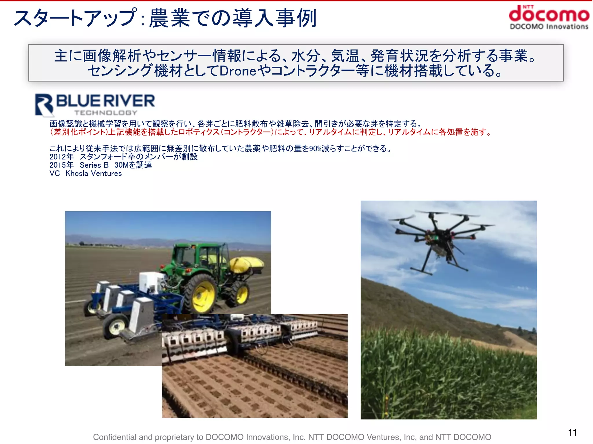 Confidential and proprietary to DOCOMO Innovations, Inc. NTT DOCOMO Ventures, Inc, and NTT DOCOMO
スタートアップ：農業での導入事例
11
画像認識と機械学習を用いて観察を行い、各芽ごとに肥料散布や雑草除去、間引きが必要な芽を特定する。
（差別化ポイント)上記機能を搭載したロボティクス（コントラクター）によって、リアルタイムに判定し、リアルタイムに各処置を施す。
これにより従来手法では広範囲に無差別に散布していた農薬や肥料の量を90%減らすことができる。
2012年　スタンフォード卒のメンバーが創設
2015年　Series B　30Mを調達
VC　Khosla Ventures
主に画像解析やセンサー情報による、水分、気温、発育状況を分析する事業。
センシング機材としてDroneやコントラクター等に機材搭載している。
 
