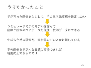 やりたかったこと
手が写った画像を入力して，手の三次元座標を推定したい
シミュレータで手のモデルを作って，
座標と画像のペアデータを作成，教師データにできる
生成した手の画像が，実世界のものとかけ離れている
手の画像をリアルな質感に変換できれば
精度向上できるのでは
25
 