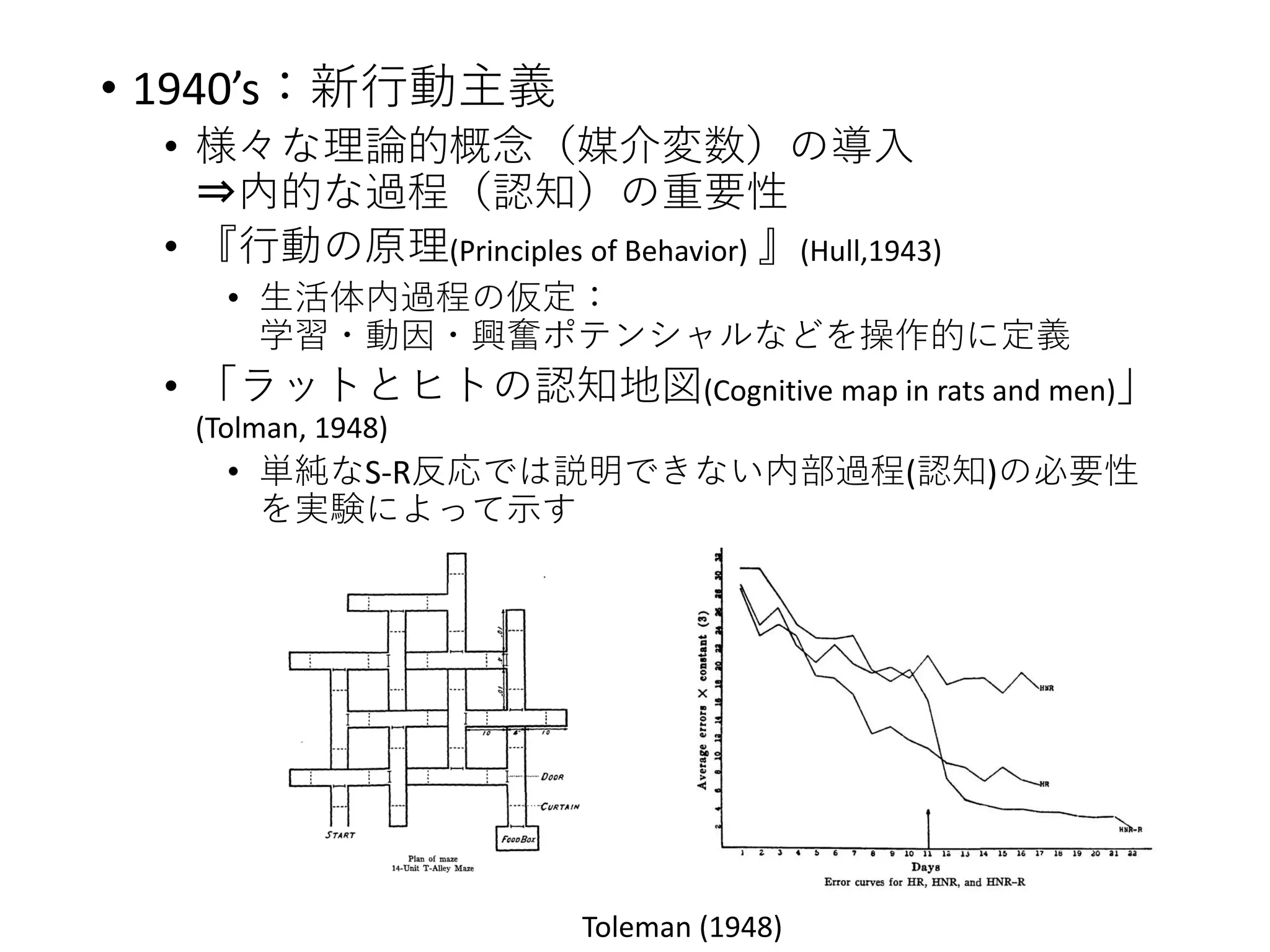 • 1940’s：新行動主義
• 様々な理論的概念（媒介変数）の導入
⇒内的な過程（認知）の重要性
• 『行動の原理(Principles of Behavior) 』(Hull,1943)
• 生活体内過程の仮定：
学習・動因・興奮ポテンシャルなどを操作的に定義
• 「ラットとヒトの認知地図(Cognitive map in rats and men)」
(Tolman, 1948)
• 単純なS-R反応では説明できない内部過程(認知)の必要性
を実験によって示す
Toleman (1948)
 