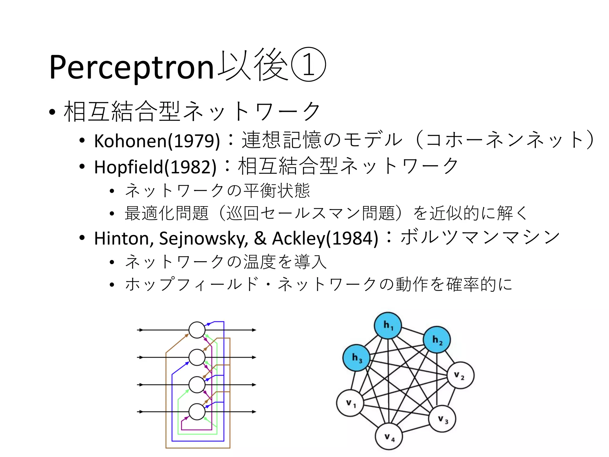 Perceptron以後①
• 相互結合型ネットワーク
• Kohonen(1979)：連想記憶のモデル（コホーネンネット）
• Hopfield(1982)：相互結合型ネットワーク
• ネットワークの平衡状態
• 最適化問題（巡回セールスマン問題）を近似的に解く
• Hinton, Sejnowsky, & Ackley(1984)：ボルツマンマシン
• ネットワークの温度を導入
• ホップフィールド・ネットワークの動作を確率的に
 