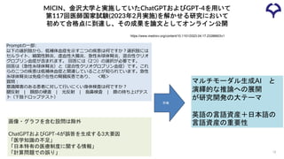 MICIN、金沢大学と実施していたChatGPTおよびGPT-4を用いて
第117回医師国家試験(2023年2月実施)を解かせる研究において
初めて合格点に到達し、その成果を論文としてオンライン公開
12
画像・グラフを含む設問は除外
ChatGPTおよびGPT-4が誤答を生成する3大要因
「医学知識の不足」
「日本特有の医療制度に関する情報」
「計算問題での誤り」
https://www.medrxiv.org/content/10.1101/2023.04.17.23288603v1
Promptの一部:
以下の選択肢から、低補体血症を示す二つの疾患は何ですか？選択肢には
セルライト、細菌性肺炎、虚血性大腸炎、急性糸球体腎炎、混合性クリオ
グロブリン血症が含まれます。 回答には（2つ）の選択が必要です。
回答は（急性糸球体腎炎）と（混合性クリオグロブリン血症）です。これ
らの二つの疾患は低補体血症と関連していることが知られています。急性
糸球体腎炎は免疫介在性の腎臓疾患であり、 ＜略＞
質問：
意識障害のある患者に対して行いにくい身体検査は何ですか？
腱反射 | 頚部の硬直 | 光反射 | 指鼻検査 | 膝の持ち上げテス
ト（下肢ドロップテスト）
示唆
マルチモーダル生成AI と
演繹的な推論への展開
が研究開発の大テーマ
英語の言語資産＋日本語の
言語資産の重要性
 