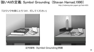 http://redwing-don.jugem.jp/?eid=855
「ロウソクを壁にとりつけ、灯してください」
記号接地（Symbol Grounding)問題
強いAIの定義: Symbol Grounding (Stevan Harnad,1990）
13
 