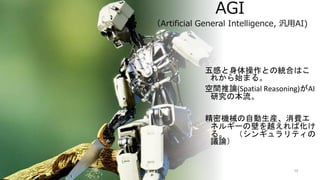 AGI
（Artificial General Intelligence, 汎用AI)
五感と身体操作との統合はこ
れから始まる。
空間推論(Spatial Reasoning)がAI
研究の本流。
精密機械の自動生産、消費エ
ネルギーの壁を越えれば化け
る。 （シンギュラリティの
議論）
19
 