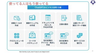https://aismiley.co.jp/ai_news/10-ways-to-use-chatgpt-at-work/
使ってる人はもう使ってる
23
 