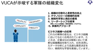 VUCAが示唆する軍隊の組織変化
1. 組織の分散化と柔軟性の向上
2. テクノロジーの積極的活用
3. 継続的学習と適応の重視
4. リーダーシップの変革
•実例: アメリカ海軍の「艦船指揮官」プログラム
•5. 多面的アプローチ
ビジネス組織への応用
これらの軍隊の変化は、ビジネス組織
においても広く応用されています。た
とえば、企業はVUCA環境において柔
軟な組織構造を取り入れ、AIを活用し
たデータ分析により迅速な意思決定を
行い、継続的な学習を推進しています。
41
 