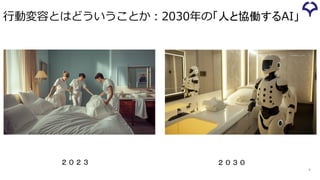 行動変容とはどういうことか：2030年の「人と協働するAI」
8
２０２３ ２０３０
 