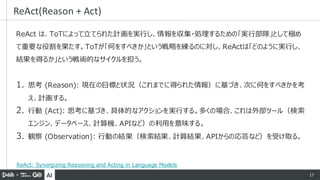 AI 17
ReAct は、ToTによって立てられた計画を実行し、情報を収集・処理するための「実行部隊」として極め
て重要な役割を果たす。ToTが「何をすべきか」という戦略を練るのに対し、ReActは「どのように実行し、
結果を得るか」という戦術的なサイクルを担う。
1. 思考 (Reason): 現在の目標と状況（これまでに得られた情報）に基づき、次に何をすべきかを考
え、計画する。
2. 行動 (Act): 思考に基づき、具体的なアクションを実行する。多くの場合、これは外部ツール（検索
エンジン、データベース、計算機、APIなど）の利用を意味する。
3. 観察 (Observation): 行動の結果（検索結果、計算結果、APIからの応答など）を受け取る。
ReAct(Reason + Act)
ReAct: Synergizing Reasoning and Acting in Language Models
 