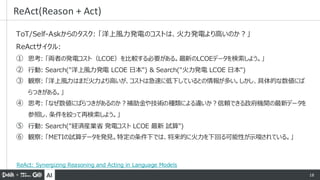 AI 18
ToT/Self-Askからのタスク: 「洋上風力発電のコストは、火力発電より高いのか？」
ReActサイクル:
① 思考: 「両者の発電コスト（LCOE）を比較する必要がある。最新のLCOEデータを検索しよう。」
② 行動: Search("洋上風力発電 LCOE 日本") & Search("火力発電 LCOE 日本")
③ 観察: 「洋上風力はまだ火力より高いが、コストは急速に低下しているとの情報が多い。しかし、具体的な数値にば
らつきがある。」
④ 思考: 「なぜ数値にばらつきがあるのか？補助金や技術の種類による違いか？信頼できる政府機関の最新データを
参照し、条件を絞って再検索しよう。」
⑤ 行動: Search("経済産業省 発電コスト LCOE 最新 試算")
⑥ 観察: 「METIの試算データを発見。特定の条件下では、将来的に火力を下回る可能性が示唆されている。」
ReAct(Reason + Act)
ReAct: Synergizing Reasoning and Acting in Language Models
 