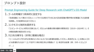 AI 21
Prompt Engineering Guide for Deep Research with ChatGPT’s O3-Model
1. ゴールを明確かつ具体的に設定する
「気候変動について教えてください」 =>「サハラ以南のアフリカにおける気候変動が農作物の収穫量に与える影響
を調査し、その結果をまとめてください」
2. コンテキストと制約を提供する
「コンピュータービジョン研究の文脈において、ゼロショット画像分類の最新の開発状況（2019～2024年）と、そ
の精度指標の報告を見つける」
3. クエリを分解する（非常に複雑な場合）
「ソーシャルメディアが10代の若者のメンタルヘルスに与える影響を調査してください。具体的には、1) 自尊心にどの
ような影響を与えるか？ 2) 不安やうつ病の発生率との関連は？ 3) 肯定的な結果（例：サポートコミュニテ
ィ）。」
プロンプト設計
 