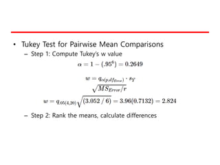 • 기타의 Pairwise 평균 비교방법
– to compare all possible means, two-at-a-time, as t-tests.
• Unlike an ordinary two sample t-test,...