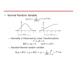 • Distribution Functions
– (누적) 분포함수 (cdf)
– Properties of FX(X)
– 분포함수로부터의 확률의 결정
 