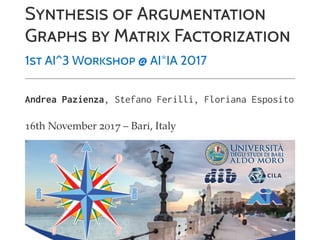 SYNTHESIS OF ARGUMENTATION
GRAPHS BY MATRIX FACTORIZATION
1ST AI^3 WORKSHOP @ AI*IA 2017
Andrea Pazienza, Stefano Ferilli, Floriana Esposito
16th November 2017 – Bari, Italy
 