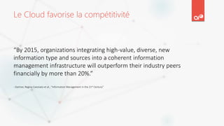Le Cloud favorise la compétitivité
“By 2015, organizations integrating high-value, diverse, new
information type and sources into a coherent information
management infrastructure will outperform their industry peers
financially by more than 20%.”
- Gartner, Regina Casonato et al., “Information Management in the 21st Century”
 
