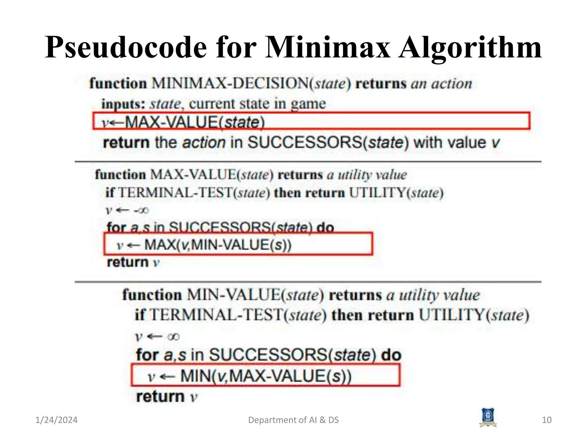 Pseudocode for Minimax Algorithm
1/24/2024 Department of AI & DS 10
 
