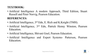 TEXTBOOK:
• Artificial Intelligence A modern Approach, Third Edition, Stuart
Russell and Peter Norvig, Pearson Education.
REFERENCES:
• Artificial Intelligence, 3rd Edn, E. Rich and K.Knight (TMH).
• Artificial Intelligence, 3rd Edn, Patrick Henny Winston, Pearson
Education.
• Artificial Intelligence, Shivani Goel, Pearson Education.
• Artificial Intelligence and Expert Systems- Patterson, Pearson
Education.
1/24/2024 Department of AI & DS 2
 